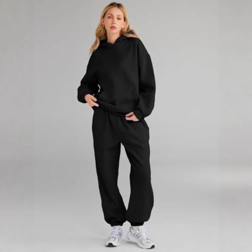 Damen Lässiges Hoodie-Jogging-Set aus French Terry mit Oversize-Kapuzenpullover und hochgeschnittener Jogginghose Drune