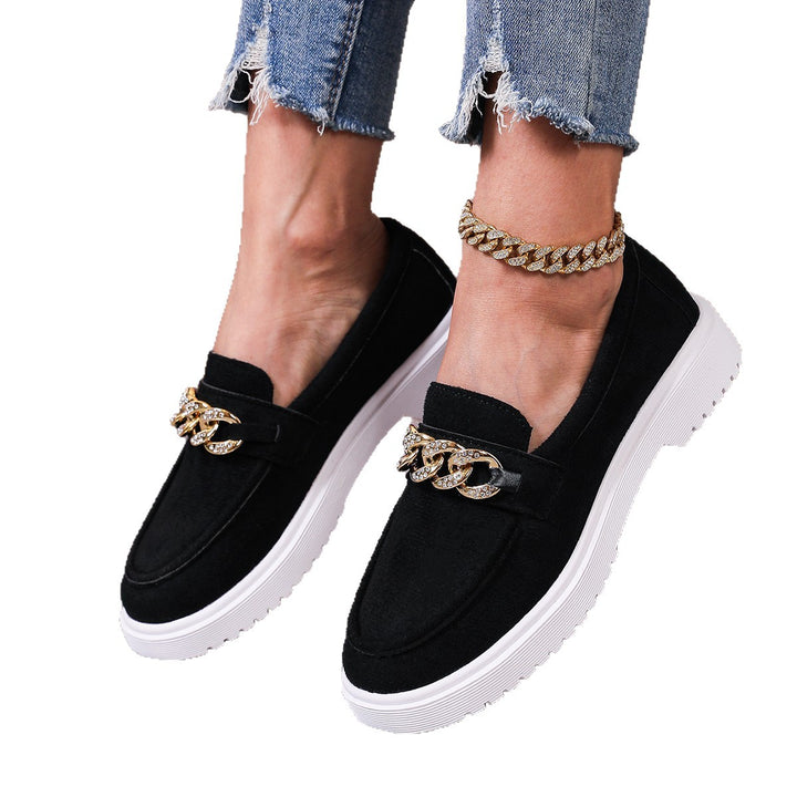 Damen  elegante Slipper mit Plateau-Laufsohle, goldener Schmuckkette und gepolstertem Komfortfußbett Drune