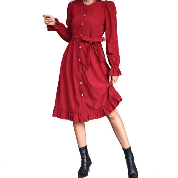 Damen langärmliges Wickelkleid mit Knopfdetails und taillierter Silhouette Drune