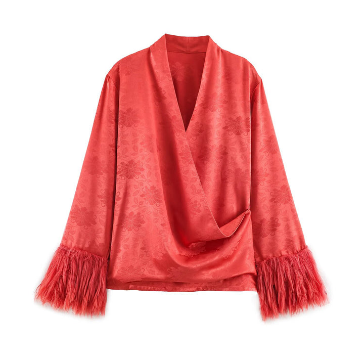 Damen Kimono-Wickelbluse aus Jacquard mit Federrüschensäumen Drune