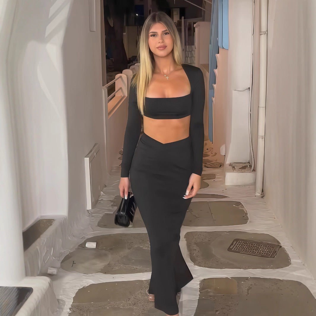 Damen Elegantes Set aus Crop-Top und Maxirock mit transparentem Detail Drune