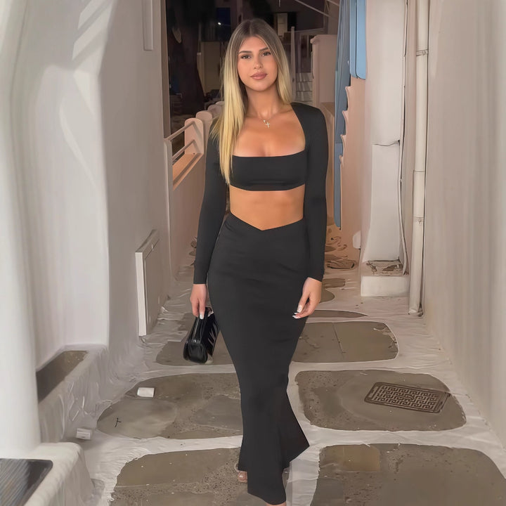 Damen Elegantes Set aus Crop-Top und Maxirock mit transparentem Detail Drune
