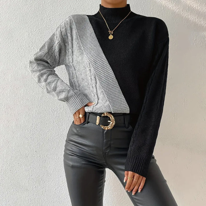 Damen Strickpullover mit asymmetrischem Zopfmuster und hohem Kragen Drune