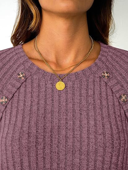 Damen Gerippter Rundhals-Pullover mit dekorativen Schulterknöpfen Drune