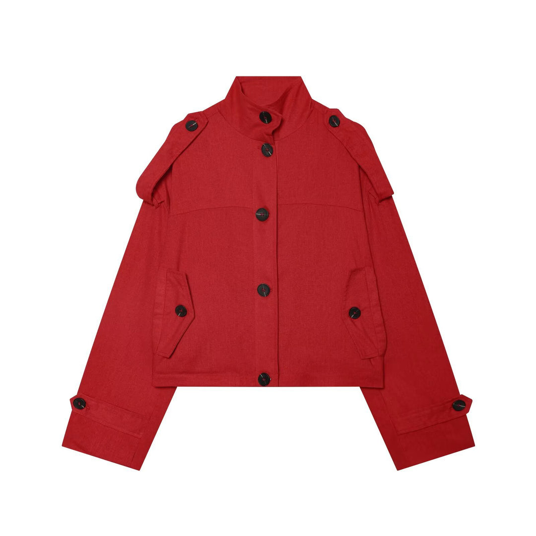 Damen Cropped Übergangsjacke im Field‑Stil mit Stehkragen und Schulterriegeln Drune