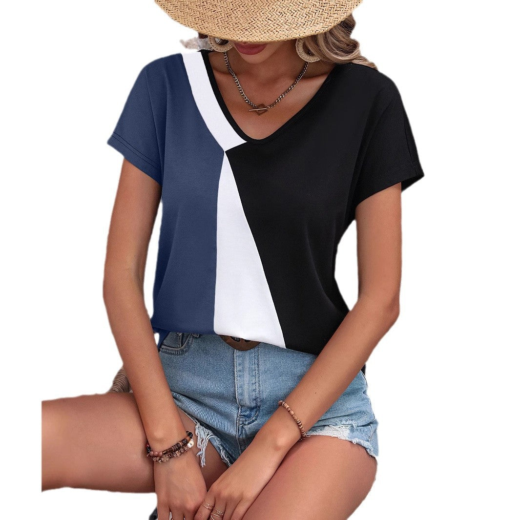 Damen Trendiges V-Ausschnitt-T-Shirt mit modernem Blockdesign und lässigem Schnitt Drune