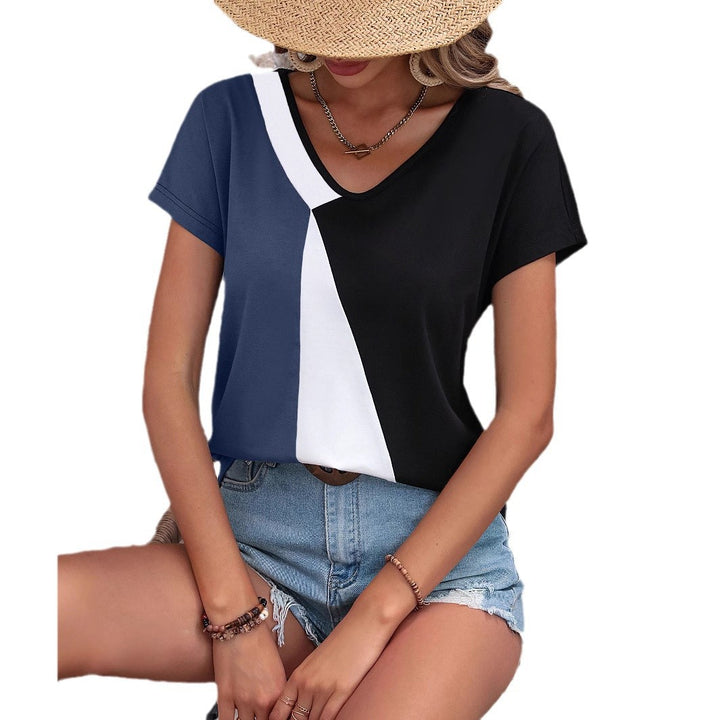 Damen Trendiges V-Ausschnitt-T-Shirt mit modernem Blockdesign und lässigem Schnitt Drune