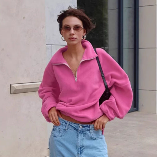 Damen lässiger Fleece-Pullover mit halbem Reißverschluss und oversized Schnitt Drune
