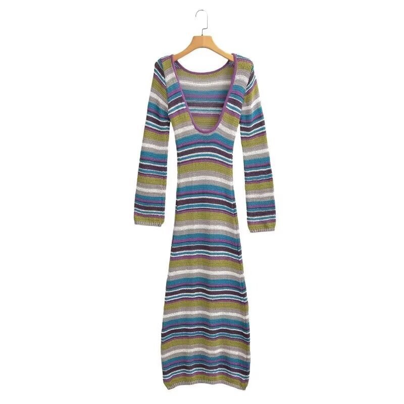 Damen Gestreiftes Rippstrick-Maxikleid mit Rundhalsausschnitt und figurbetonter Silhouette Drune