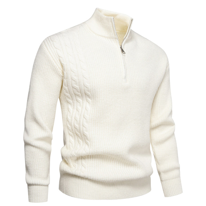 Herren Feinstrick-Halbzip-Pullover mit Stehkragen, Rippstruktur und Schulter-Zopfdetail Drune