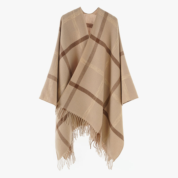Damen Wollmix-Poncho mit Karomuster und Fransen Drune