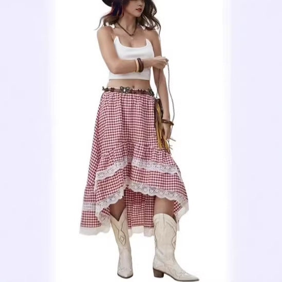 Damen Boho Maxi-Rock mit asymmetrischem Saum und Spitzenverzierungen Drune