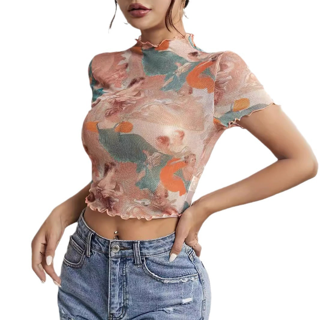 Damen nan figurnahes transparentes Mesh-Top mit barockem Engeldruck, Stehkragen und Kräuselsaum Drune