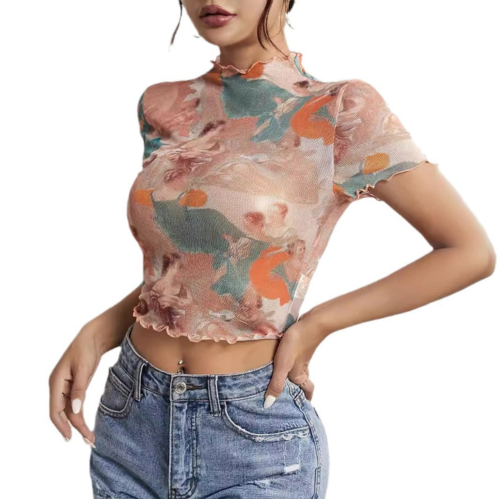Damen nan figurnahes transparentes Mesh-Top mit barockem Engeldruck, Stehkragen und Kräuselsaum Drune