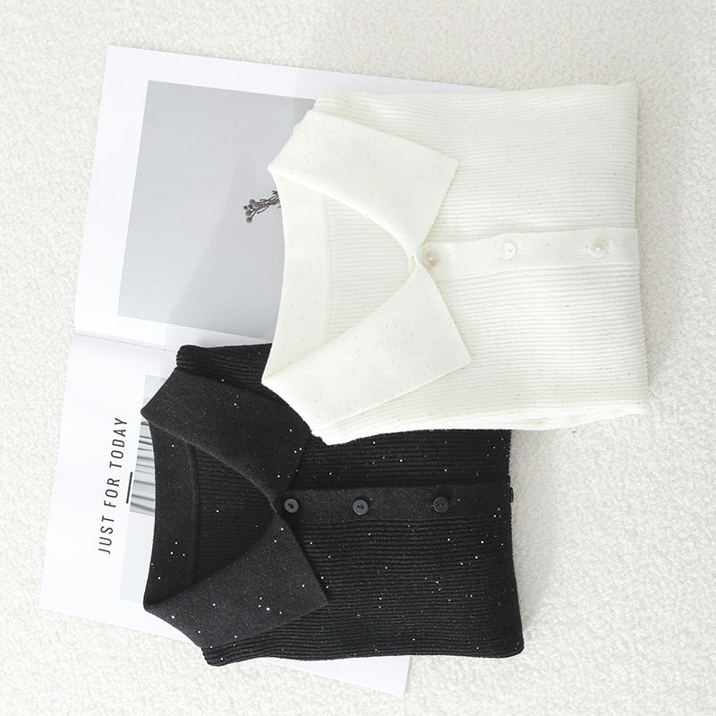 Damen Feinstrick-Cardigan mit Polokragen, Knopfleiste und dezentem Glitzereffekt Drune