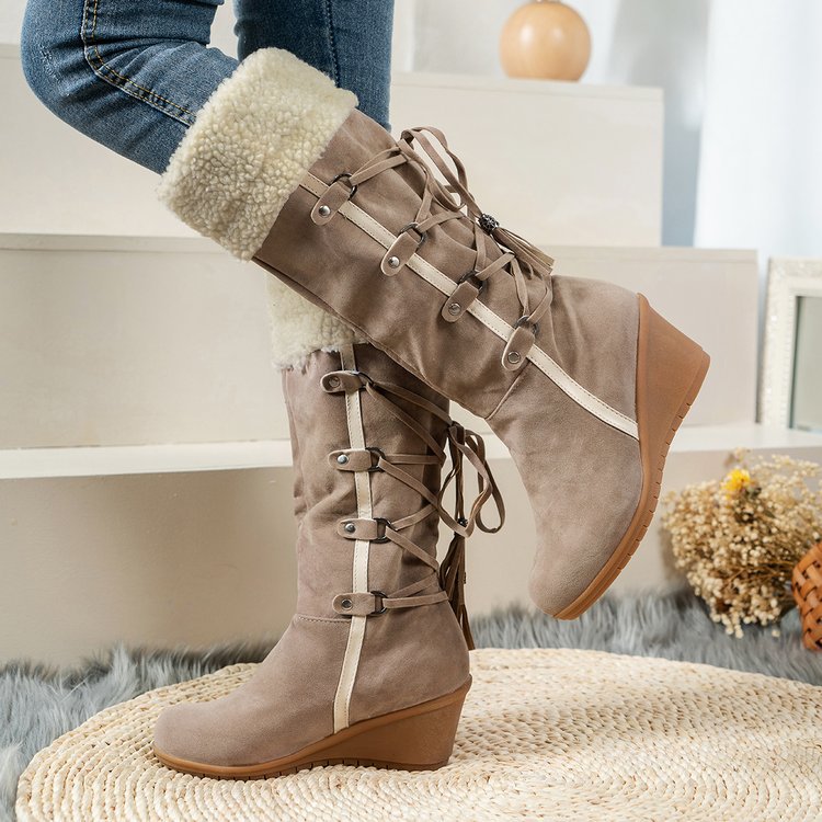 Damen Wedge-Stiefel mit gefüttertem Innenbereich und modischem Schnür-Design Drune
