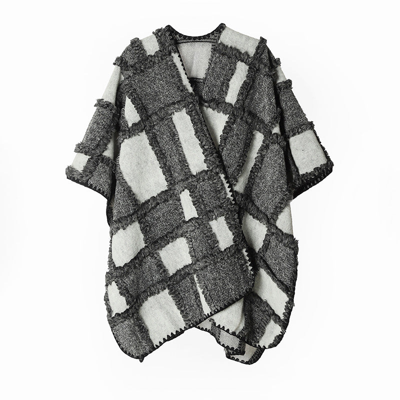 Damen Strukturierter Patchwork-Capeponcho aus Wollmix mit offenem Fall und kontrastierter Kantennaht Drune