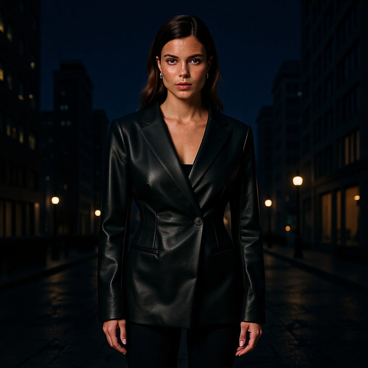 Damen Figurnaher Blazerjacke in Lederoptik mit Single‑Button und konturierenden Abnähern Drune