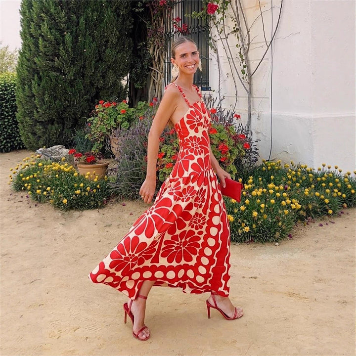 Damen Midi-Kleid mit floralem Print und Spaghetti-Trägern Drune
