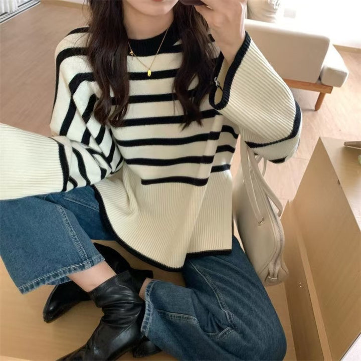 Damen gemütlicher Strickpullover mit Streifen Drune
