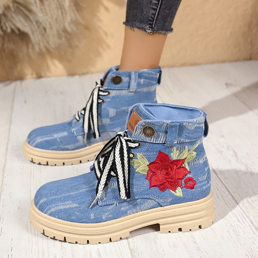 Damen Modische Schnürstiefeletten mit floralem Stickmuster und rutschfester Sohle Drune