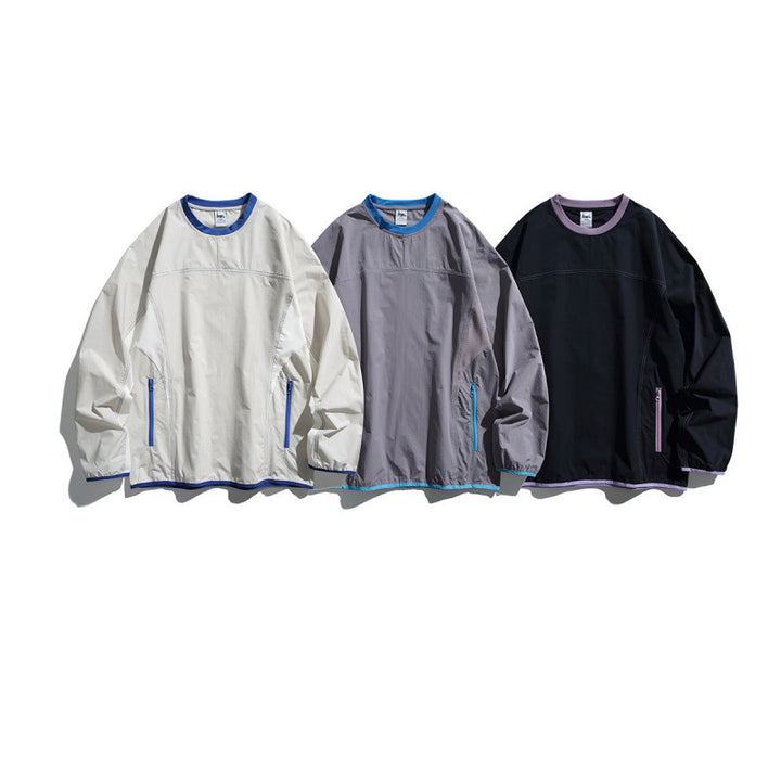 Unisex Leichter technischer Oversize-Pullover mit Rundhalsausschnitt, Reißverschlusstaschen und kontrastierten Abschlüssen Drune