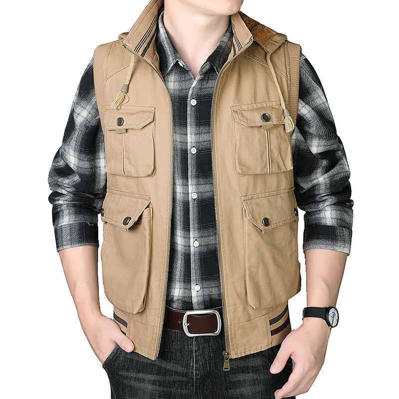 Herren Utility-Weste mit Kapuze, Teddyfutter und Multifachtaschen Drune