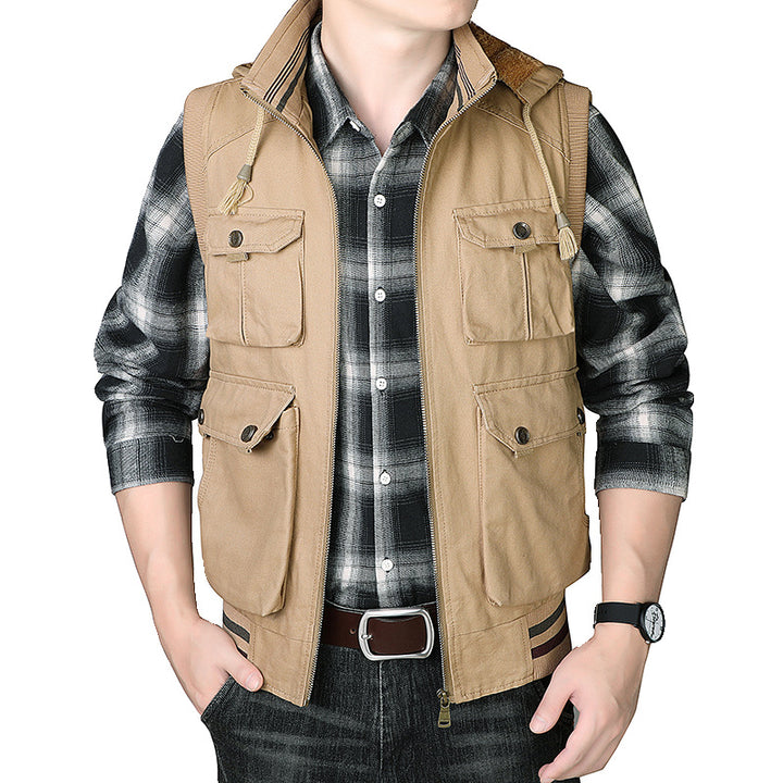 Herren Utility-Weste mit Kapuze, Teddyfutter und Multifachtaschen Drune