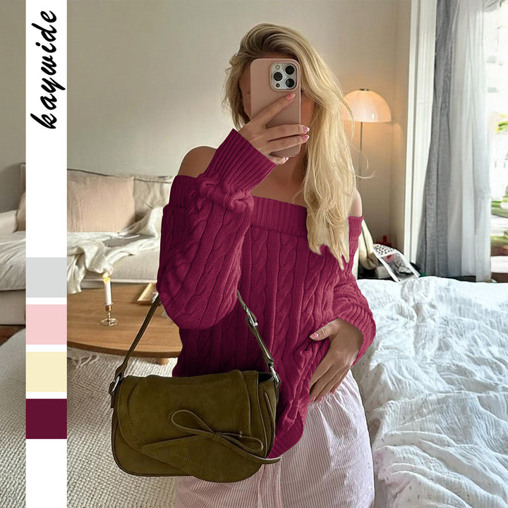 Damen nan oversized schulterfreier Zopfstrickpullover mit geripptem Ausschnitt und Ballonärmeln Drune