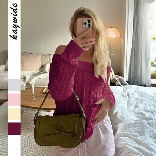 Damen nan oversized schulterfreier Zopfstrickpullover mit geripptem Ausschnitt und Ballonärmeln Drune