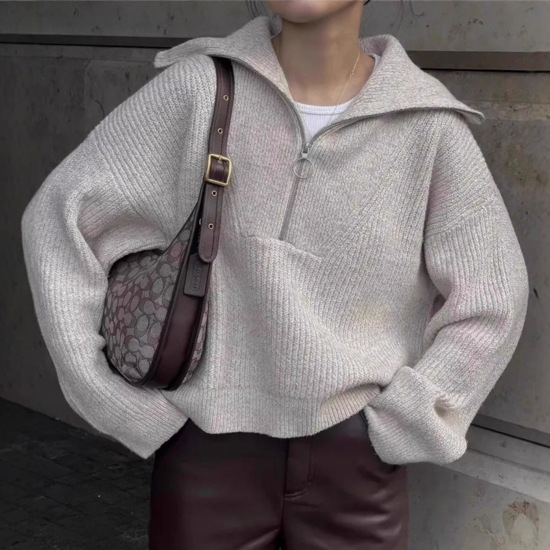 Damen modischer Strickpullover mit hohem Kragen und Reißverschluss Drune