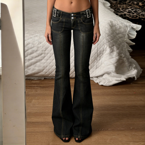 Damen Hochgeschnittene Flared-Jeans mit Mittelnaht und Ziergürtelschlaufen Drune