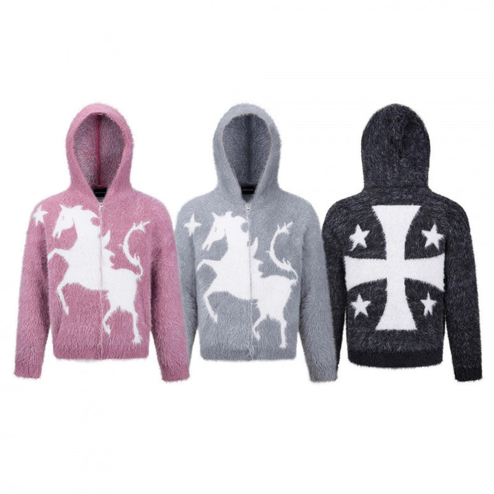 Unisex Flauschiger Kapuzenpullover mit Einhorn-Motiv und durchgehendem Reißverschluss Drune