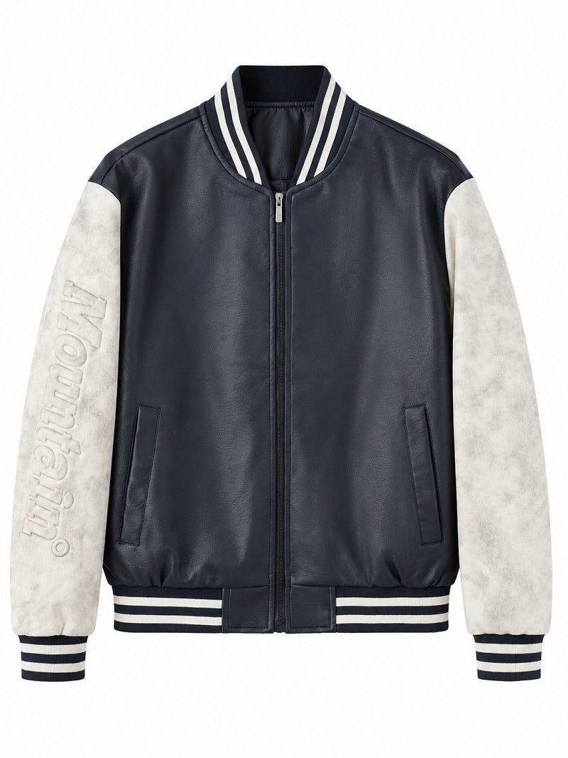Herren Varsity‑Bomberjacke im College‑Stil mit Lederimitatkörper und kontrastierenden Wildlederärmeln Drune