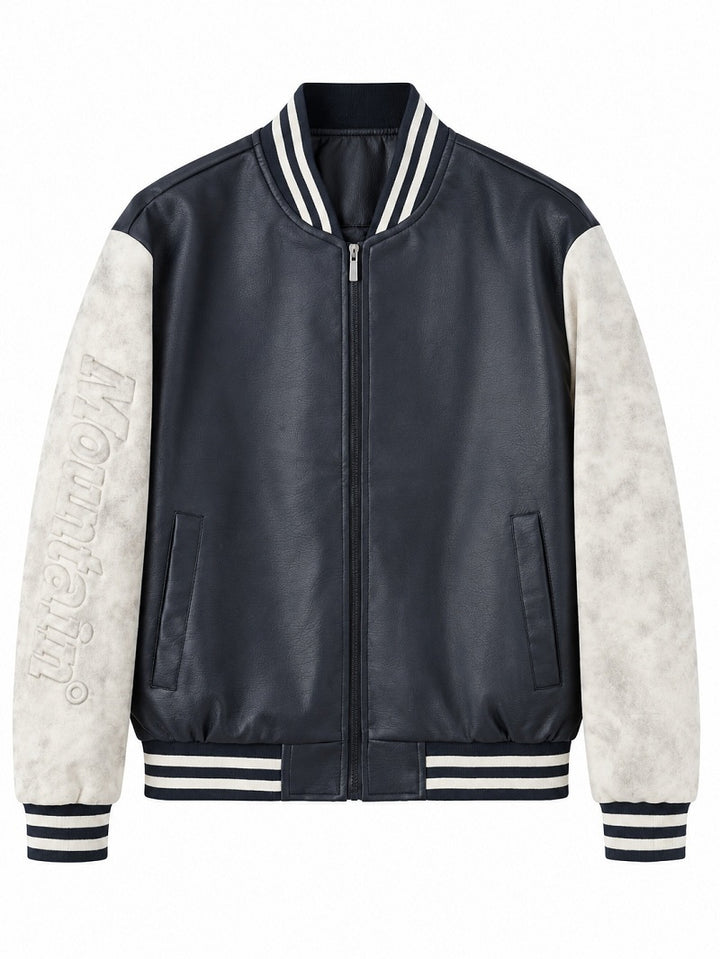 Herren Varsity‑Bomberjacke im College‑Stil mit Lederimitatkörper und kontrastierenden Wildlederärmeln Drune