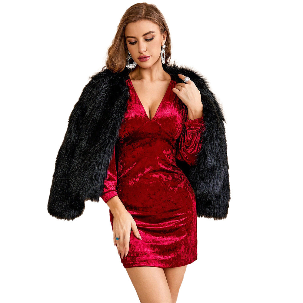 Damen Samtkleid mit V-Ausschnitt, taillierter Bodycon-Silhouette und langen Ballonärmeln Drune
