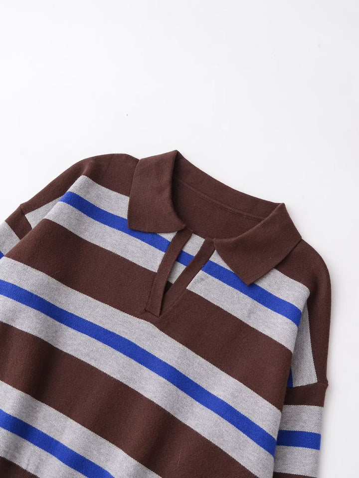 Damen Gestreifter Polokragen-Pullover im Cropped‑Oversize‑Schnitt aus Feinstrick Drune