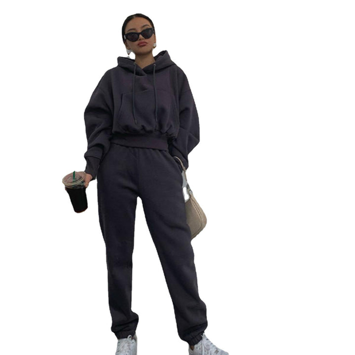 Damen kurzes Oversize-Kapuzenpullover-Set mit elastischer High-Waist-Jogginghose aus Baumwollfleece Drune