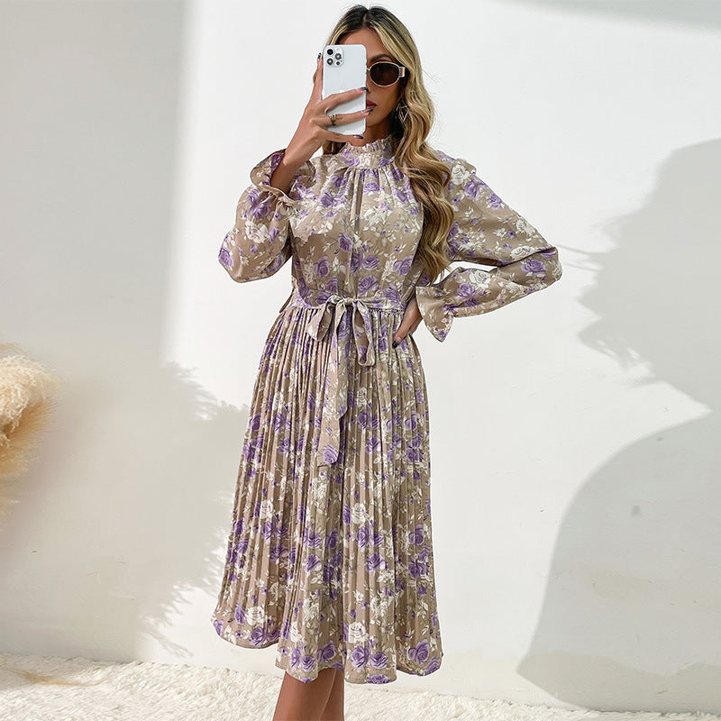 Damen Plissiertes Midikleid mit Rüschenkragen, Bindegürtel und floralem Allover-Print Drune
