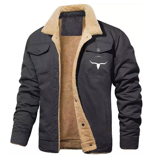 Herren gefütterte Sherpa-Canvas-Jacke mit Knopfleiste und Brusttaschen Drune