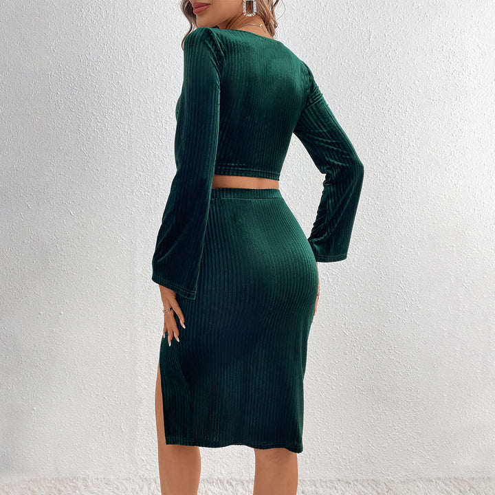 Damen gerafftes Samt-Zweiteiler mit quadratischem Dekolleté Cropped-Top Glockenärmeln und tailliertem Bleistiftrock mit Seitenschlitz Drune