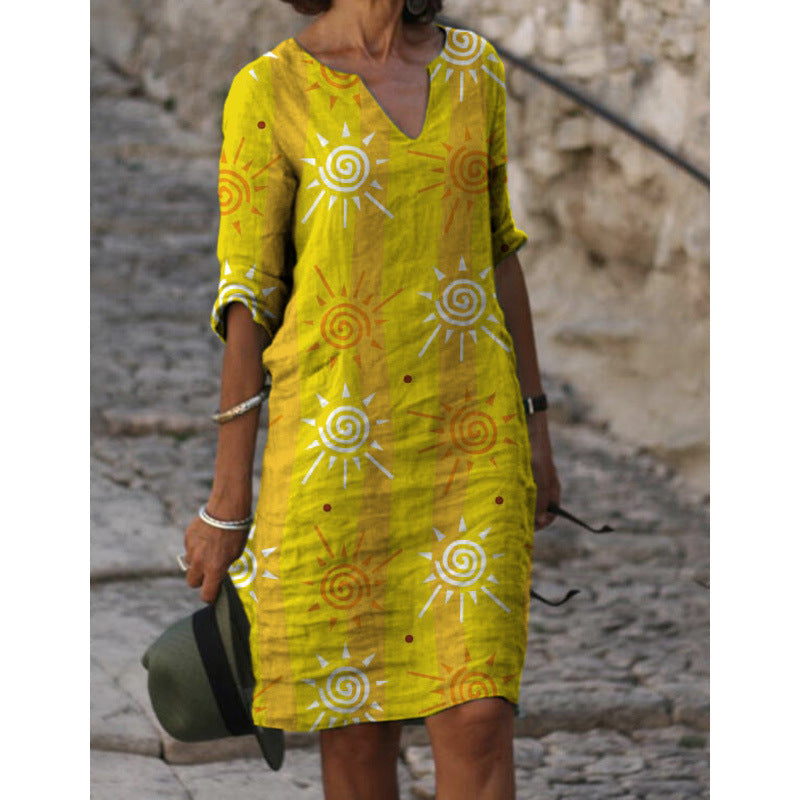 Damen Sommerliches Leinenkleid mit modernem Muster Drune