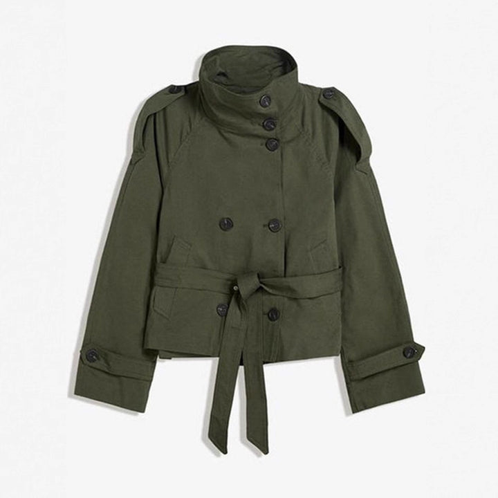 Damen Kurz geschnittener Trench‑Cape mit abnehmbaren Ärmeln, Stehkragen und Doppelreiher Drune