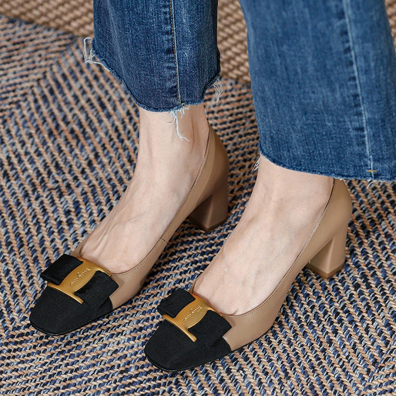 Damen nan zweifarbige Pumps mit Kontrastspitze dekorativer Schleife und mittelhohem Blockabsatz Drune