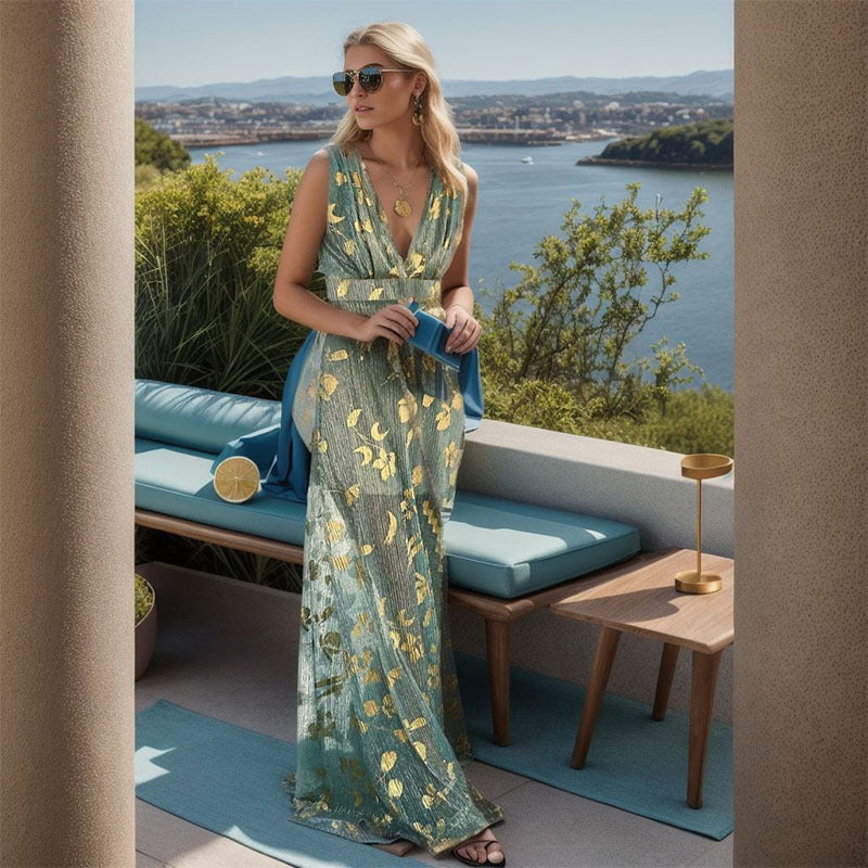 Damen Maxi-Hippiekleid mit zartem Schnitt und goldenem Blütenmuster Drune