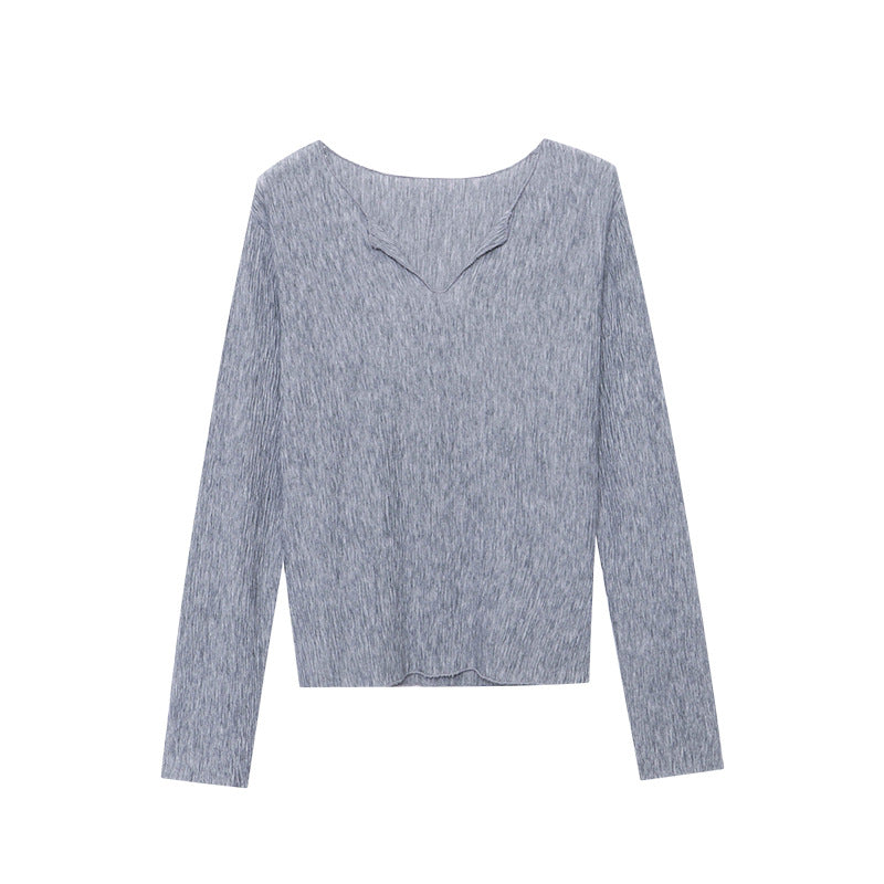 Damen Elegantes Longsleeve-Oberteil mit V-Ausschnitt und feiner Textur Drune