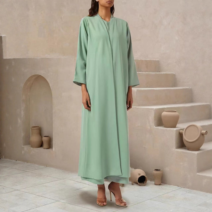 Damen Fließender Maxi-Kaftan-Mantel mit offenem Vorderteil und minimalistischem Stehkragen Drune