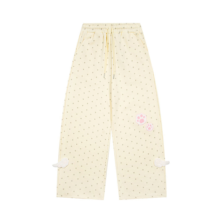 Damen Weite Lounge-Hose mit elastischem Bund, Sternenallover und Pfoten-Applikation Drune