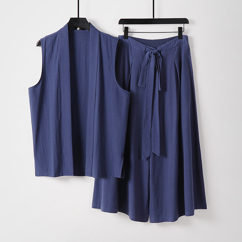 Damen Ärmellose Kimono-Weste und Hochtaillierte Culotte-Hose mit Bindegürtel Drune