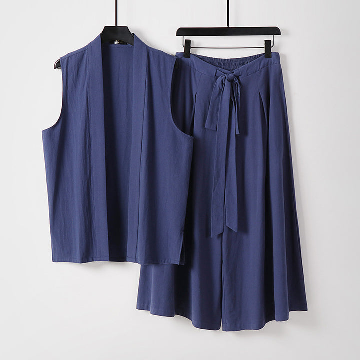 Damen Ärmellose Kimono-Weste und Hochtaillierte Culotte-Hose mit Bindegürtel Drune